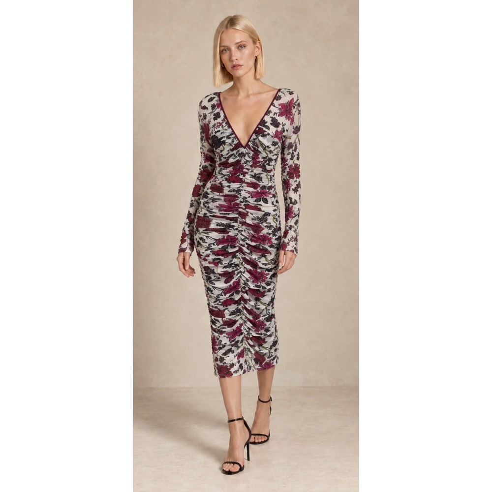 Diane von Furstenberg Camille Floral Ruched Mesh Midi Dress Size 10